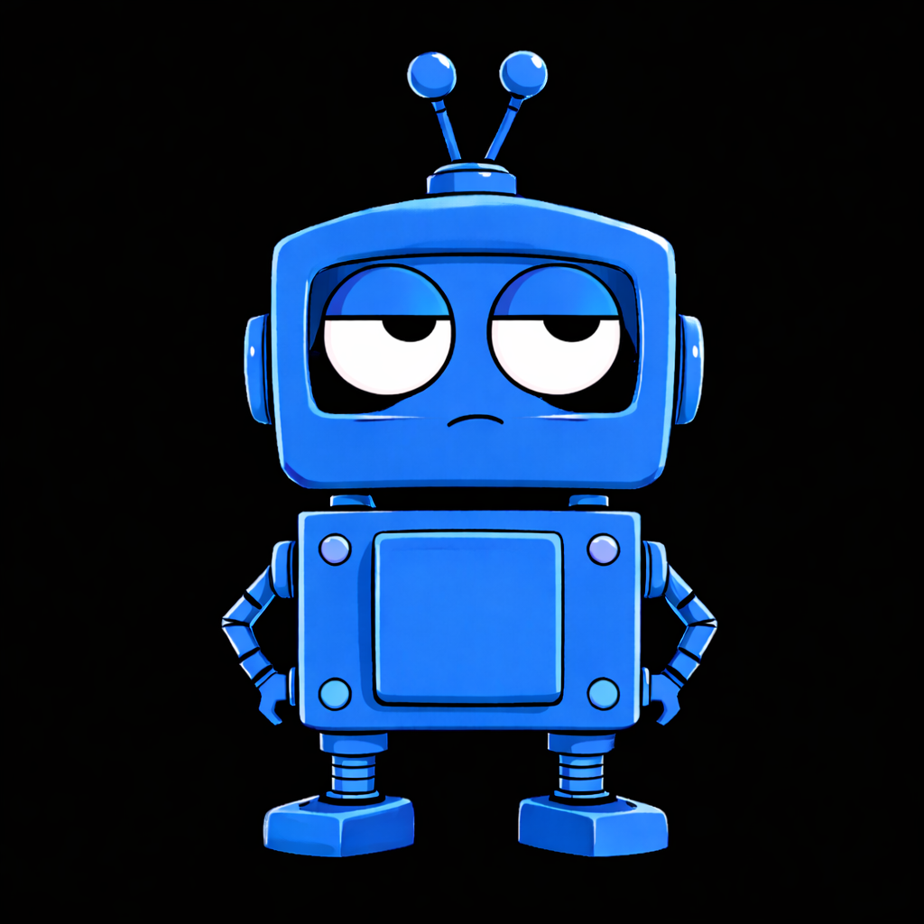 A bright, blue robot with a screen for a face, showing two eyes looking upwards in an exasperated manner.