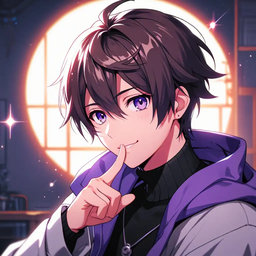 Curious purple-haired anime character beneath a glowing moon