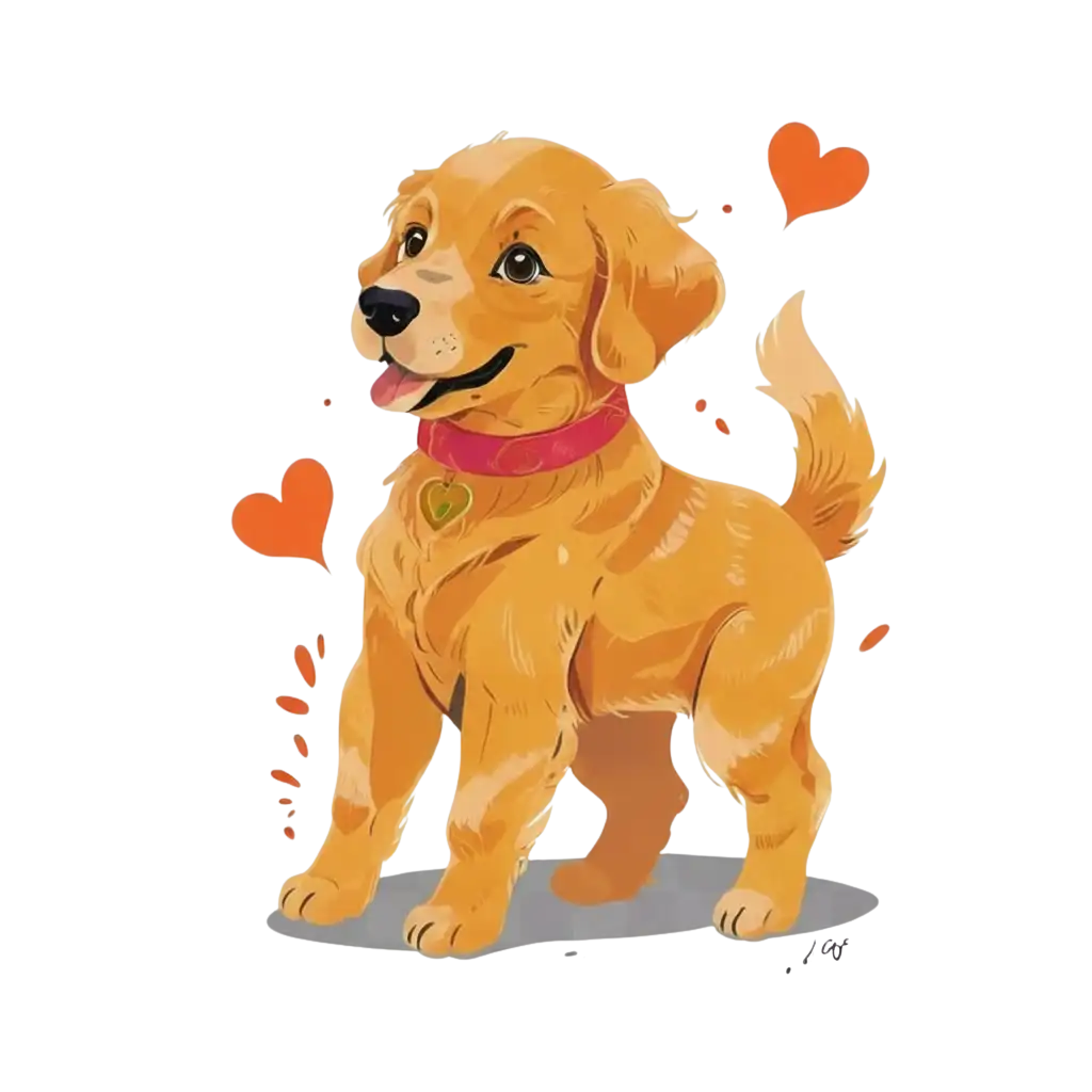 Cute illustrated golden retriever puppy with orange hearts