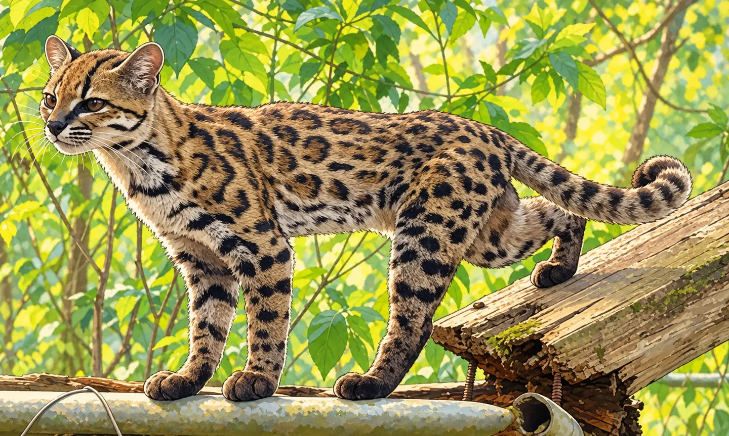 Illustrated Tilcayo, a small spotted wild cat, standing in leafy forest habitat